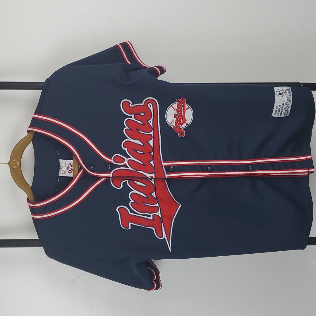 Vintage True Fan Indians Baseball Jersey Kids Size L Blue Buttons Up Patch